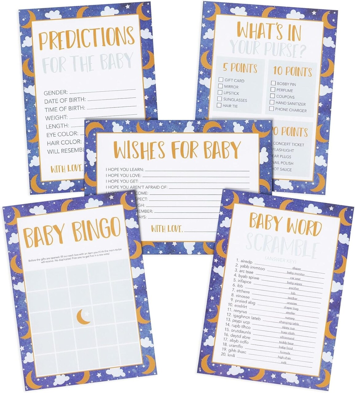 Set of 5 Baby Shower Games for 50 Guests, Over The Moon, Twinkle Twinkle Little Star Bingo